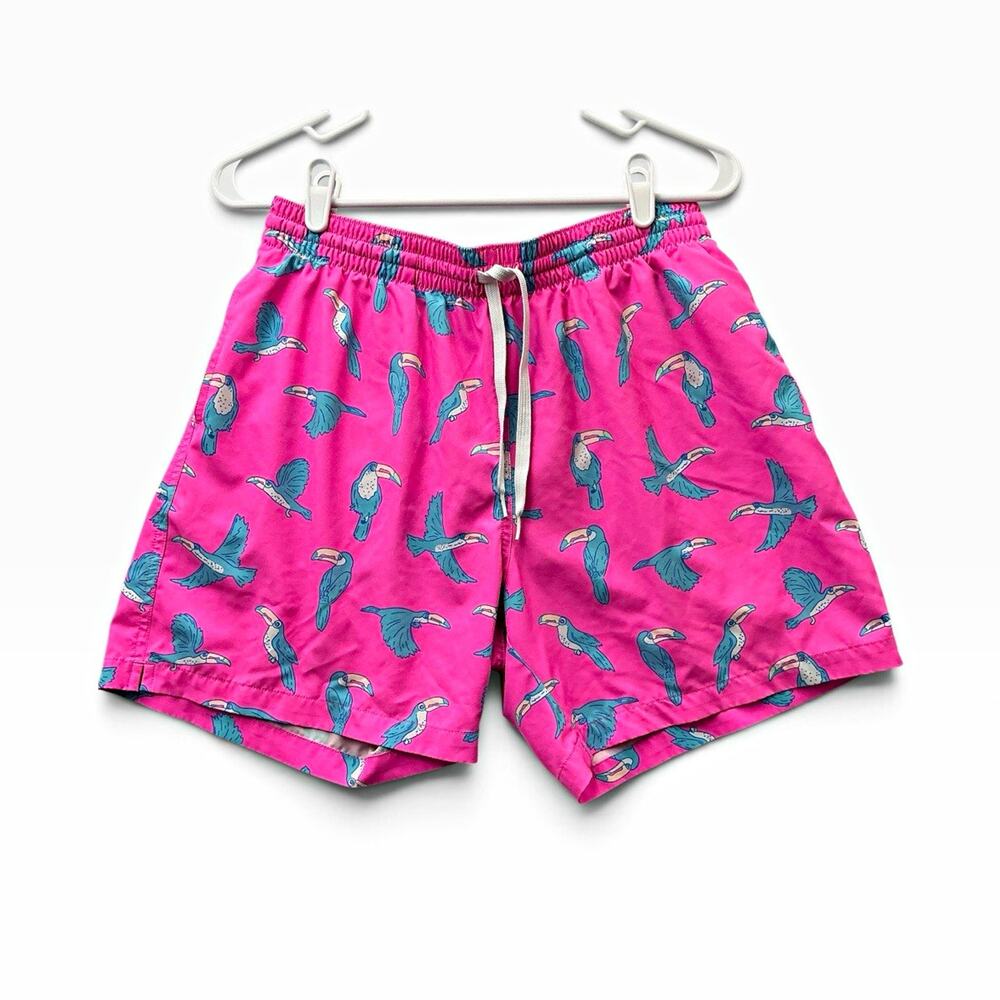 Chubbies Men's Toucan Tropical Swim Trunks Pink Blue L Elastic Drawstring Lined